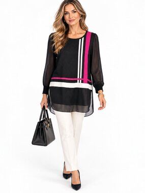 Ming Colorblock Tunic Sweater Black Pink Sheer Sleeve Knit Women's L Quiet Luxe